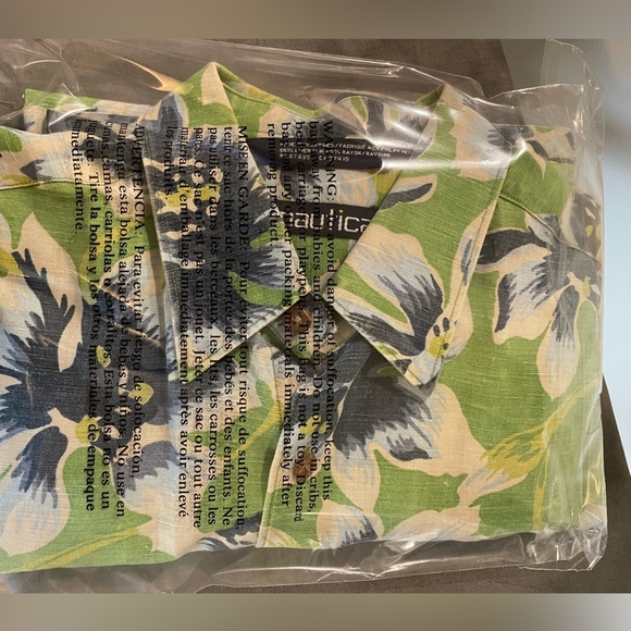 Vintage Nautica Shirt Mens Medium Green Blue Hawaiian Floral Aloha Linen Blend - Picture 9 of 9